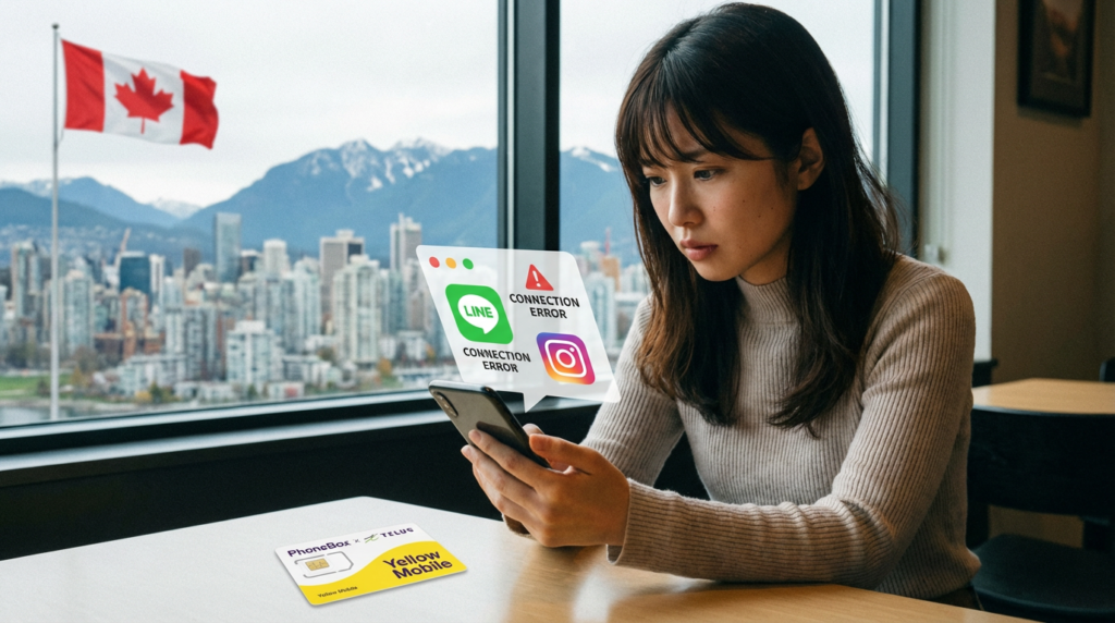 カナダでLINE・インスタが開かない?まずは設定チェック→長期なら「電話番号つきSIM」で生活を止めない(PhoneBox×TELUS回線をイエローモバイル経由で)