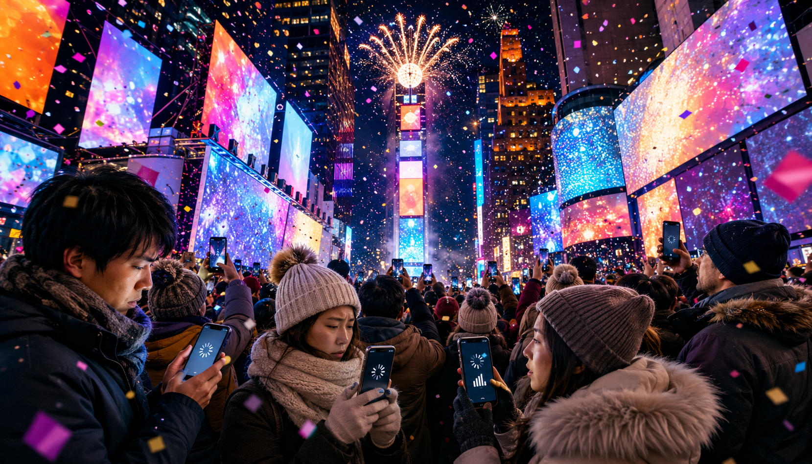 ニューヨークのタイムズスクエアで行われる年越しカウントダウンと、混雑によりスマートフォン通信がつながりにくい様子