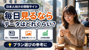 カフェでスマートフォンを見る女性。日本人向け情報サイトの閲覧に必要なデータ量を解説するアイキャッチ