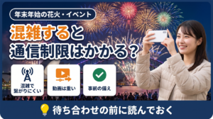 シドニーの年越し花火をスマートフォンで撮影する女性。混雑時に通信制限がかかるかを解説するアイキャッチ