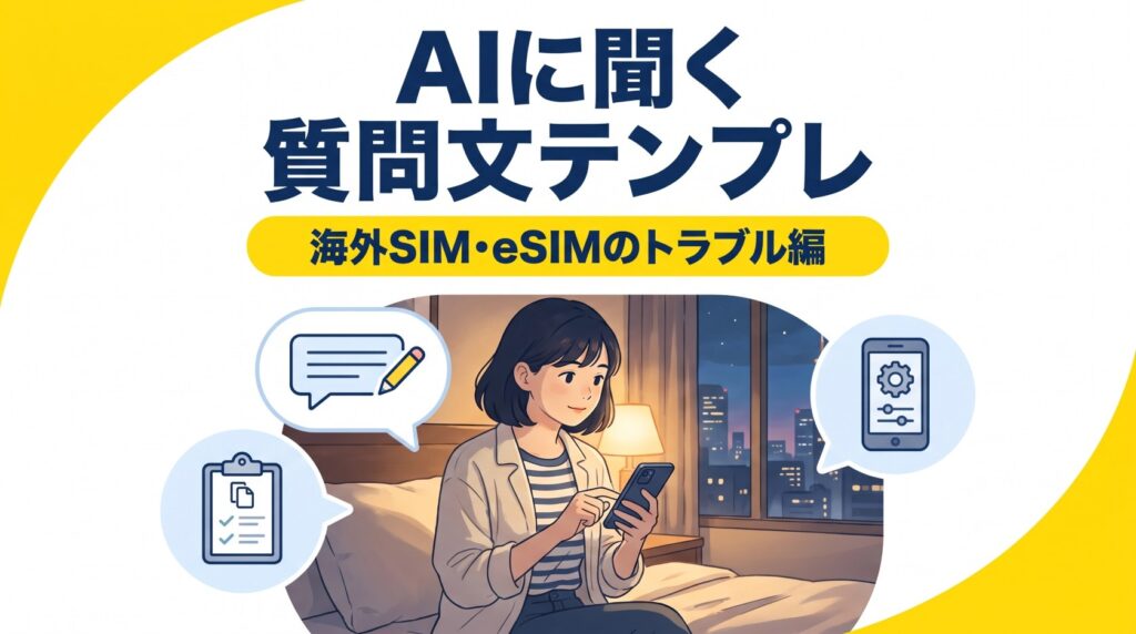 AIに聞く質問文テンプレ 海外SIM・eSIMのトラブル編。ホテルの部屋でスマホに質問を打ち込む女性のイラスト