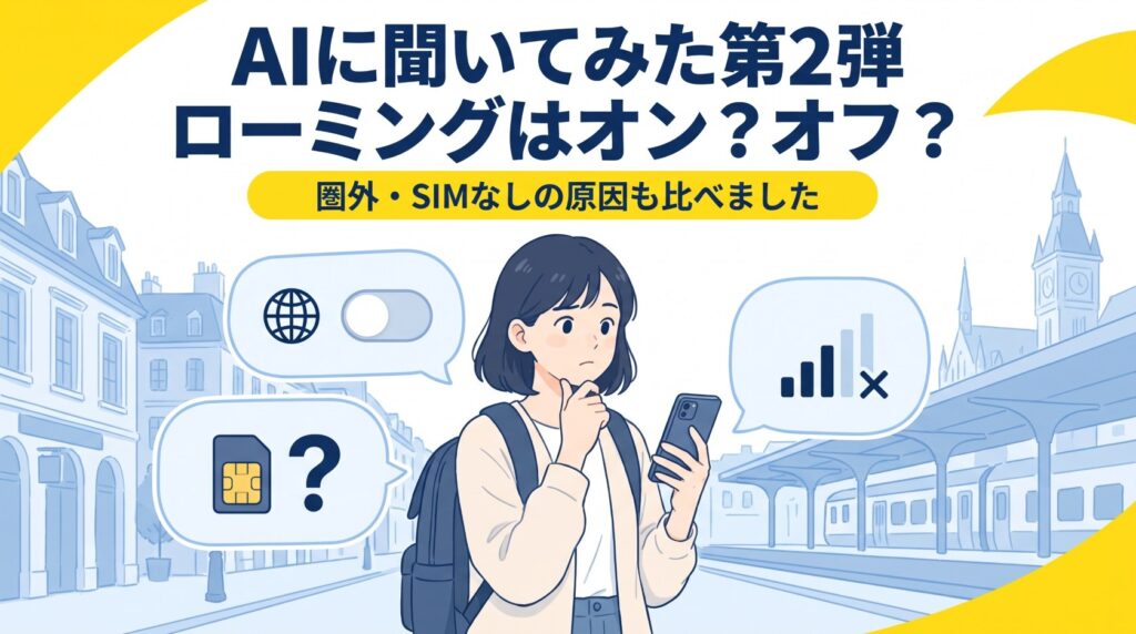 AIに聞いてみた第2弾 ローミングはオン？オフ？ 圏外・SIMなしの原因も比べました。ヨーロッパの駅前でスマホを見る女性のイラスト