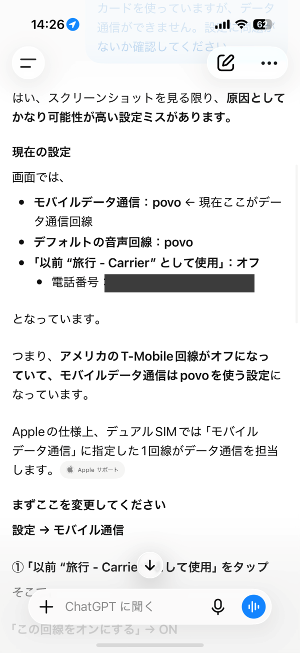 ChatGPTに設定画面を見せてデータ通信ができない原因を聞いた回答画面