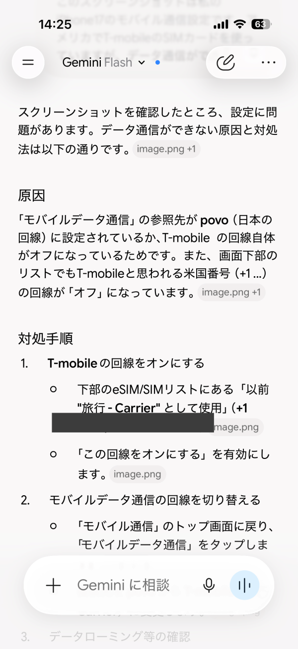 Geminiに設定画面を見せてデータ通信ができない原因を聞いた回答画面