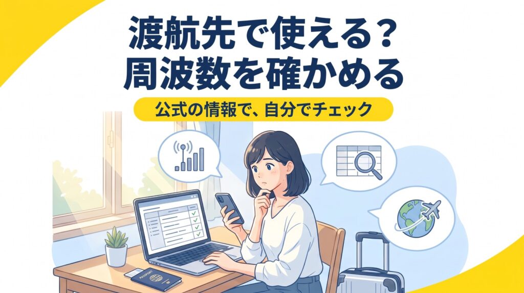 渡航先で使える？周波数を確かめる 公式の情報で、自分でチェック。スマホとパソコンで仕様を見比べる女性のイラスト